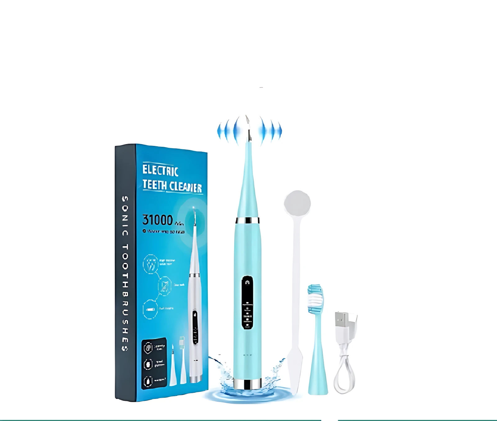 Cepillo ultrasónico eléctrico en color azul claro con cabezal intercambiable, base de carga y cable USB; incluye cepillo de limpieza y aplicador de exfoliación.