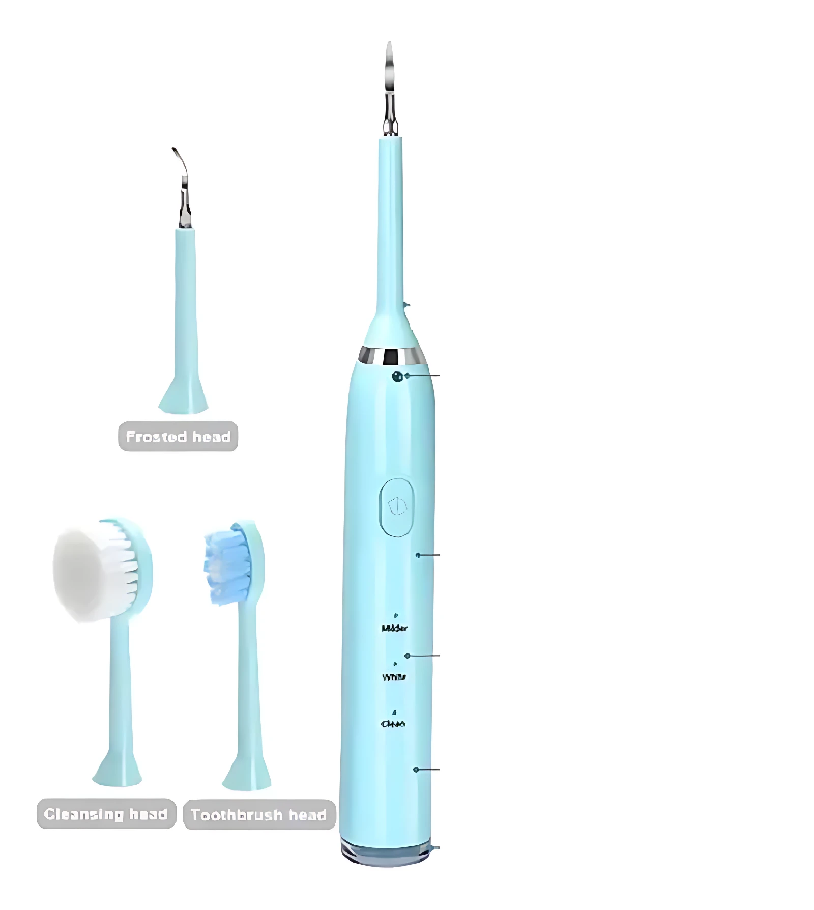 Cepillo ultrasónico 4 en 1 color azul cielo, con cabezales intercambiables: uno para exfoliación, otro para limpieza facial y uno dental. Incluye botón central y etiquetas de función en cuerpo.