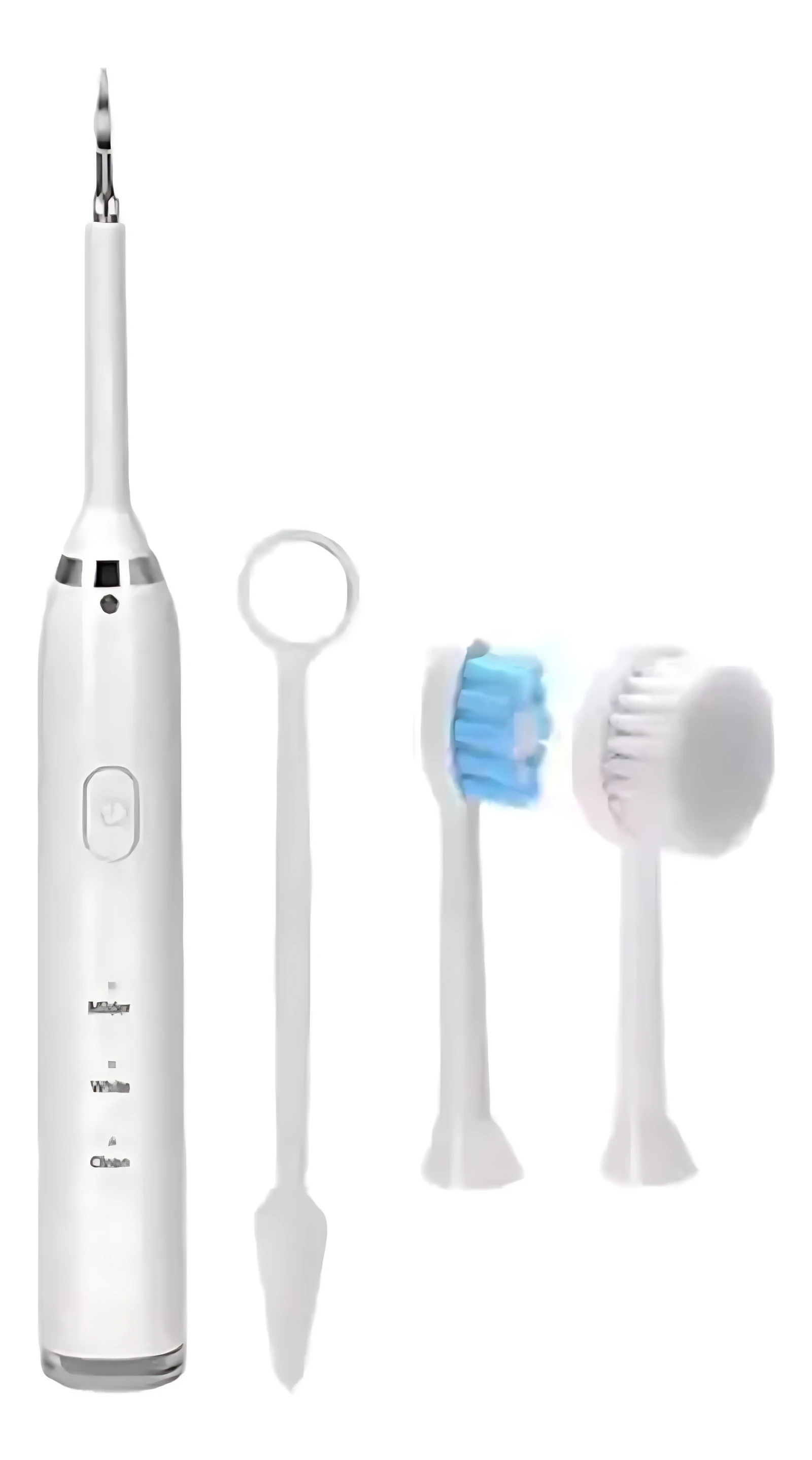 Cepillo ultrasónico blanco con cuatro cabezales intercambiables: uno de limpieza facial, otro exfoliante azul, un limpiador de sarro y un aplicador de silicona; cuerpo con botones táctiles y diseño ergonómico.