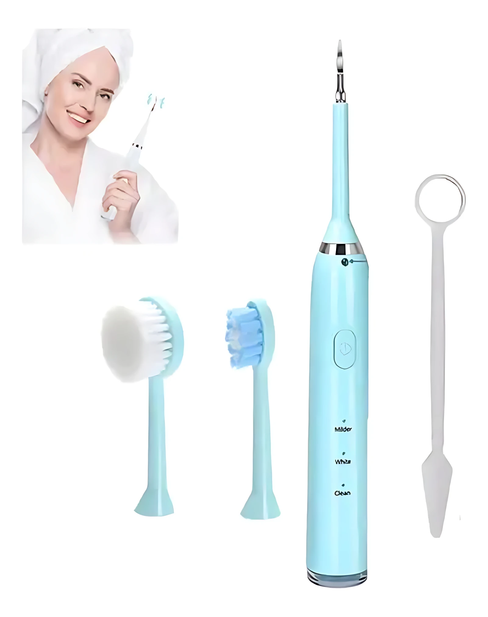 Cepillo ultrasónico azul claro con cuatro accesorios: cabezal exfoliante, cabezal suave, limpiador de dientes y espátula dental. Incluye mujer sonriente con toalla en cabeza sosteniendo el dispositivo.
