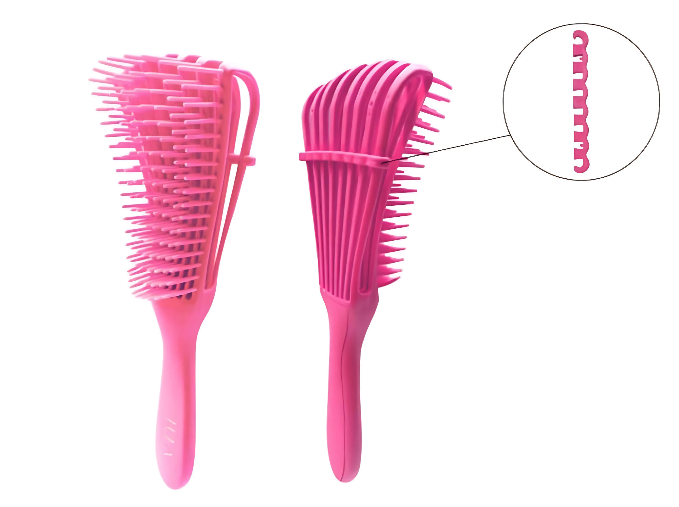 Cepillo desenredante antifrizz rosa con cerdas flexibles, mostrando vista frontal y lateral con detalle de la cerda individual.