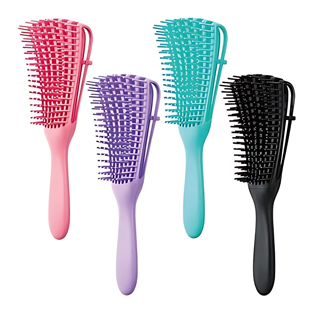Cuatro cepillos desenredantes antifrizz con cerdas flexibles en colores rosa, morado, turquesa y negro, mostrados en vista frontal sobre fondo blanco.