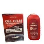 Cepillo limpiavidrios Oil Film de Shuoga, presentación roja con caja que muestra uso en parabrisas y detalles de limpieza de grasa y agua.