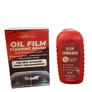 Cepillo limpiavidrios Oil Film de Shuoga, presentación roja con caja que muestra uso en parabrisas y detalles de limpieza de grasa y agua.