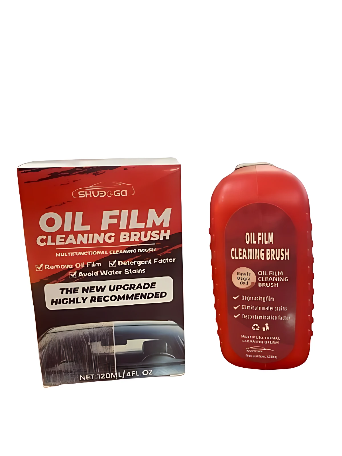 Cepillo limpiavidrios Oil Film de Shuoga, presentación roja con caja que muestra uso en parabrisas y detalles de limpieza de grasa y agua.