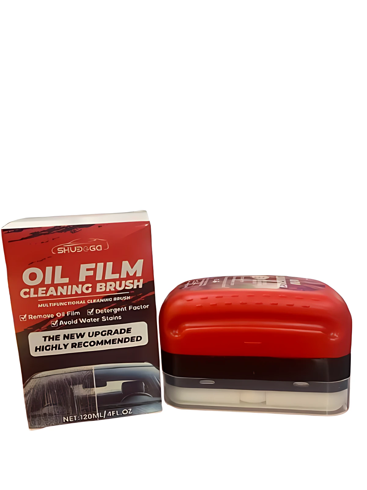 Cepillo multifuncional Oil Film de color rojo con estuche transparente, junto a su caja que muestra instrucciones de uso y recomendación de actualización.