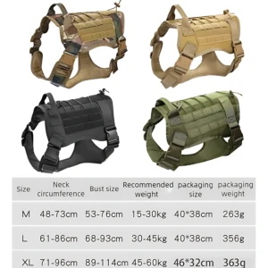 Cuatro arneses tácticos para perros en vista frontal, mostrando variantes de color: camuflaje, beige, negro y verde oliva. Incluye tabla con medidas de cuello, pecho y peso recomendado por talla (M, L, XL).