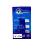 Pack de dos tiras blanqueadoras 5D en caja azul, con instrucciones de uso y código DK-106 visible.