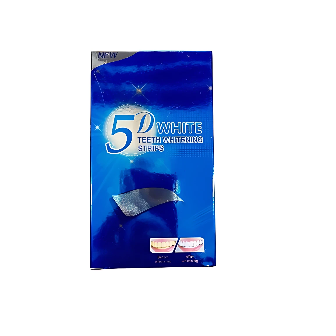 Pack de dos cintas blanqueadoras 5D en caja azul con de dientes antes y después del uso.