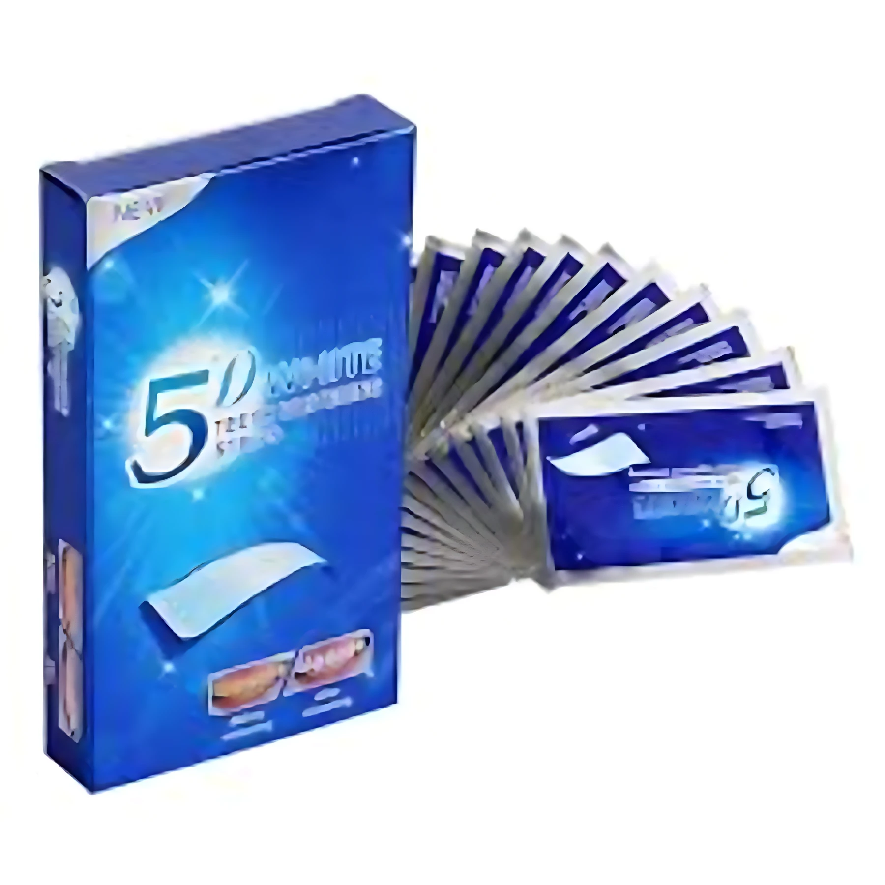 Caja azul de cinta blanqueadora dental 5D con 10 sobres individuales visibles, mostrando diseño de aplicación y efecto aclarante en dientes.