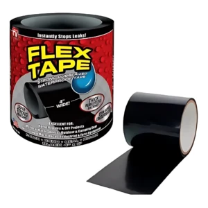 Cinta sellante negra Flex Tape en rollo con etiqueta roja, mostrando ancho de 4 pulgadas y uso para fugas en tuberías.