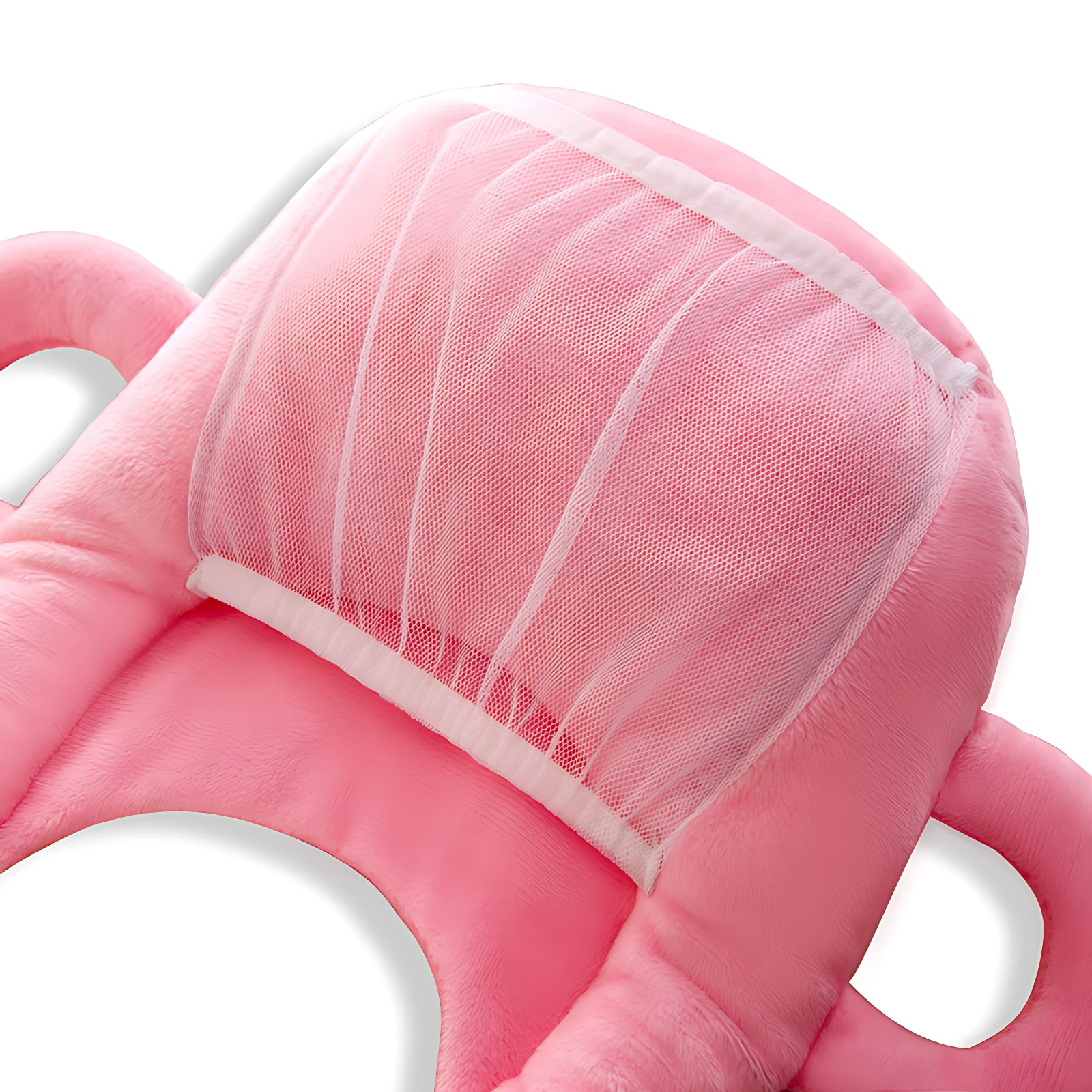 Cojín ergonómico rosa con malla trasera para lactancia, diseño acolchado con soportes laterales y abertura central para bebé.
