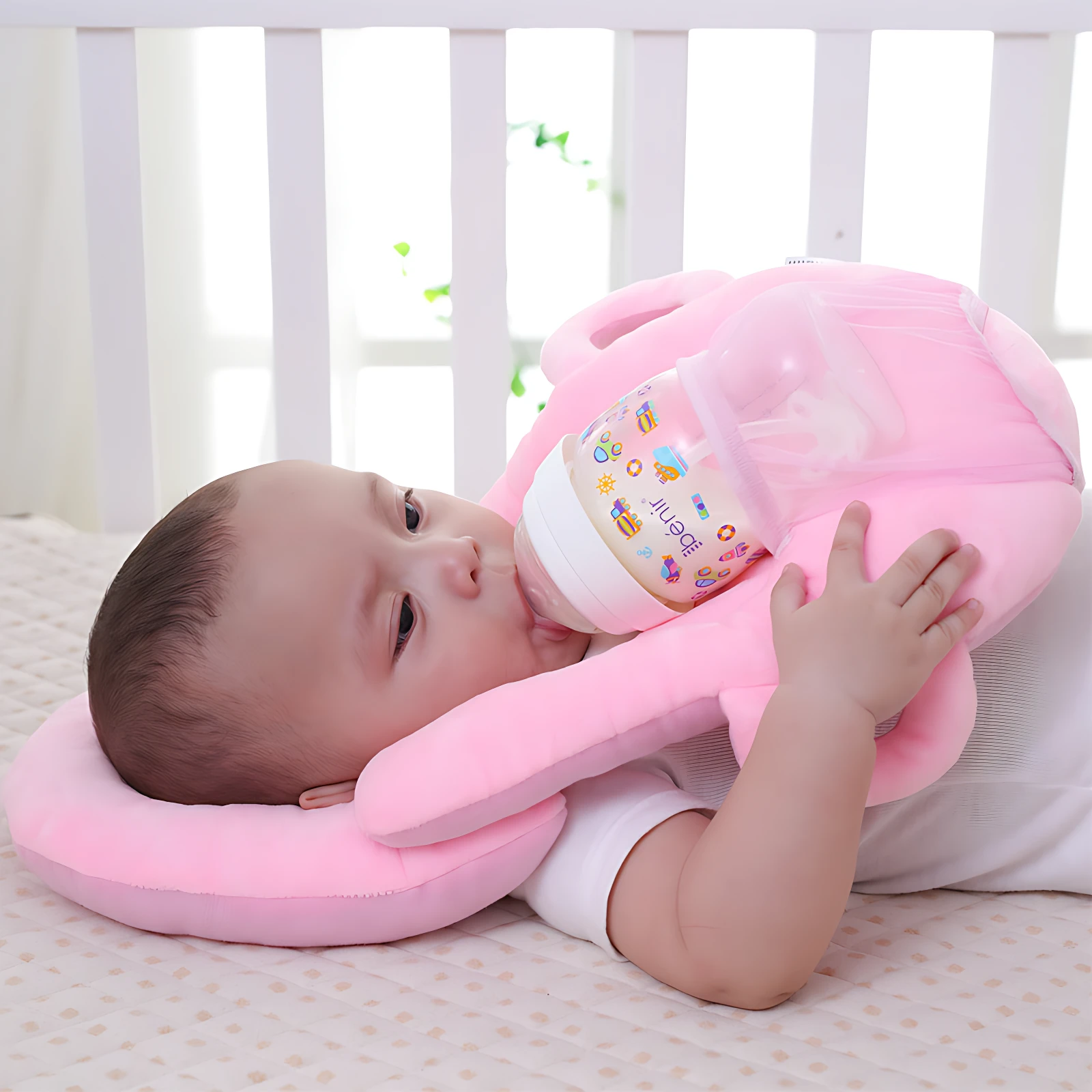 Cojín ergonómico rosa para lactancia, con malla transparente y forma de conejo, usado por bebé mientras toma biberón en cuna.