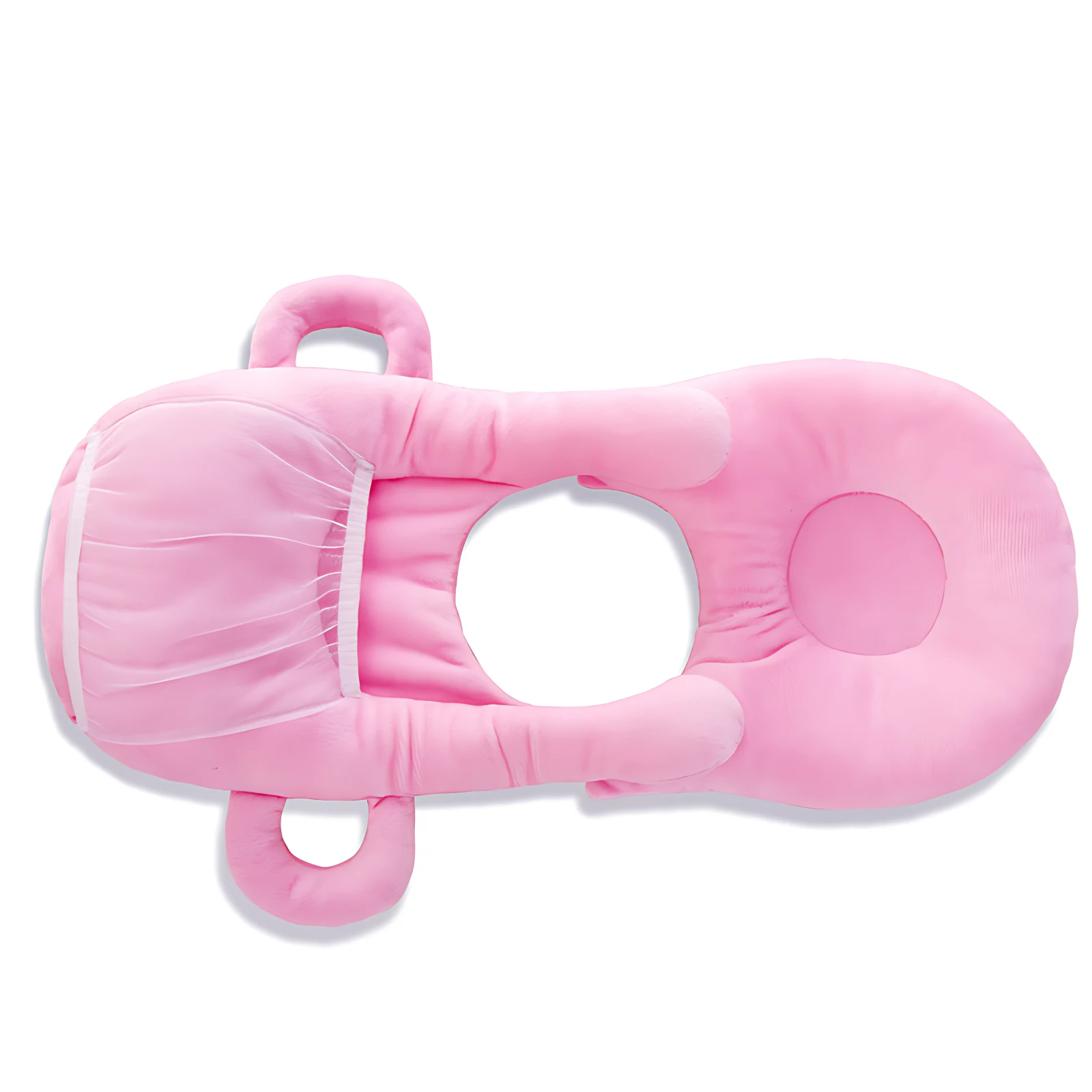 Cojín ergonómico para lactancia en color rosa, con malla transparente en la parte frontal y asas laterales para facilitar su manejo.