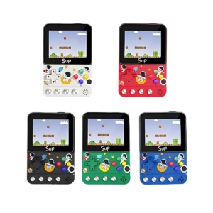 Consola retro Sup F5 en cuatro colores: blanco, rojo, negro, verde y azul. Pantalla LCD con juego de plataformas, botones integrados y diseño compacto para jugar sin mandos.