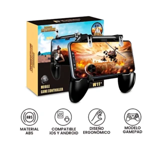 Controlador W11 para celular con gatillos analógicos, diseño ergonómico en negro, compatible con iOS y Android, material ABS, incluye caja de presentación.