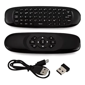 Control remoto negro con teclado completo y botones de navegación, incluye cable USB y receptor inalámbrico.