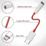 Convertidor USB-C a jack 3.5mm con cable rojo, carcasa blanca y detalles en TPE. Incluye puerto Type-C y conector estándar.