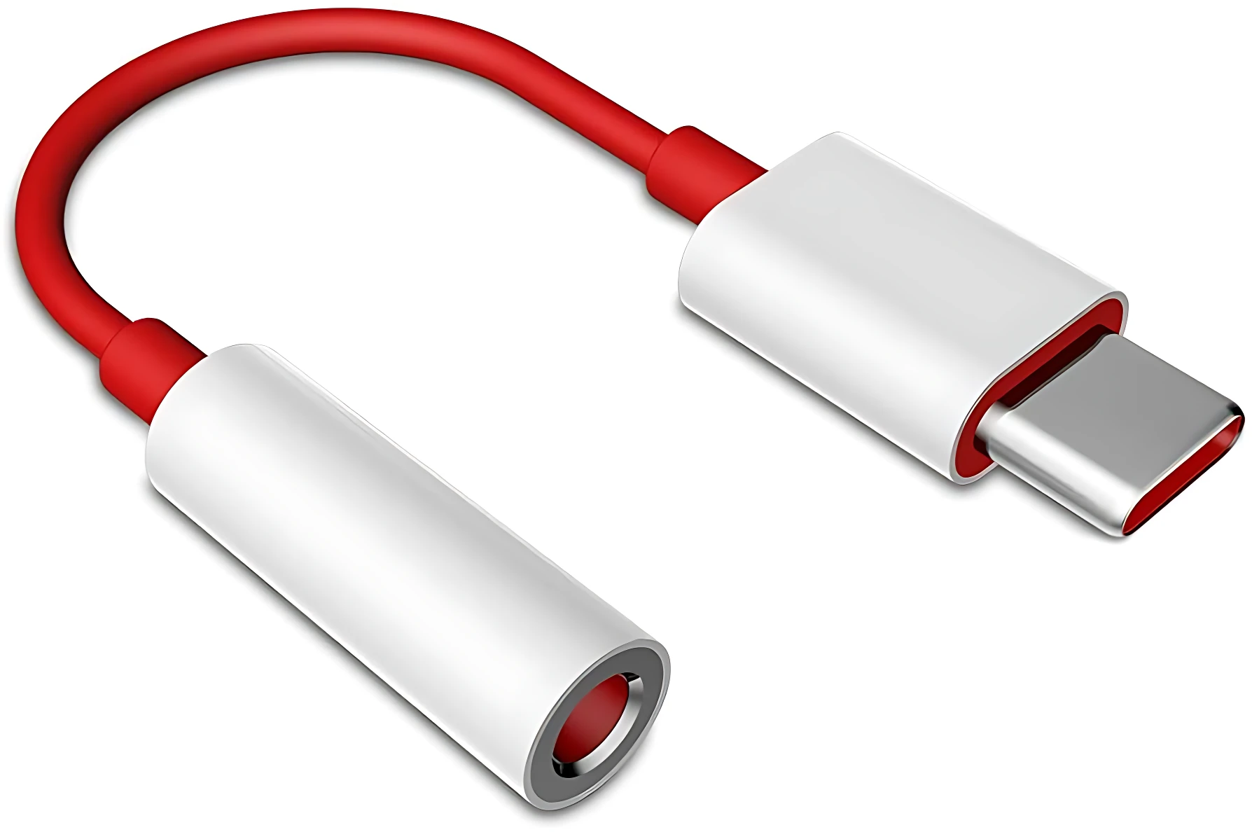 Convertidor USB-C a jack 3.5mm en color rojo con carcasa metálica blanca, mostrando conector tipo C y salida de audio.