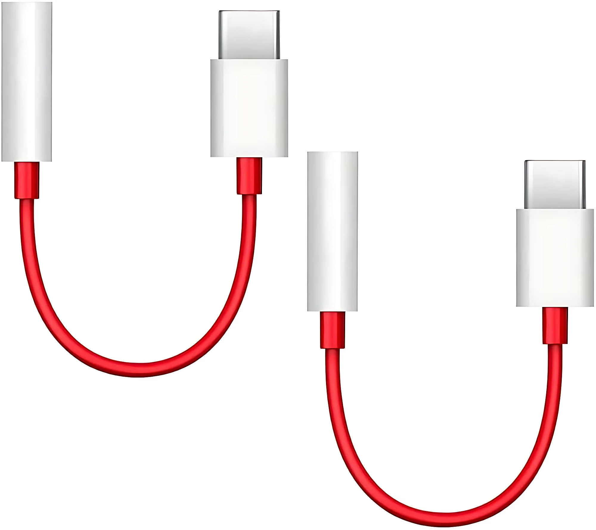 Set de dos convertidores USB-C a jack 3.5mm en color rojo, con conectores metálicos blancos y cables flexibles para audio.
