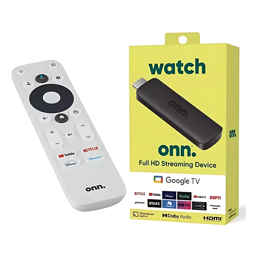 Convertidor Onn Full HD en caja amarilla con control remoto blanco, botones de apps y Google TV visible.