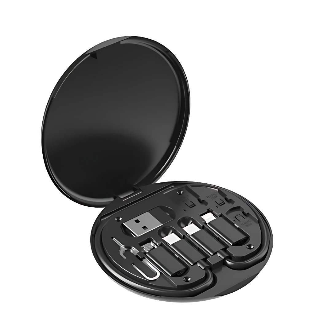 Caja redonda negra abierta mostrando dos convertidores USB con cables integrados, dispuestos en compartimentos internos para almacenamiento organizado.