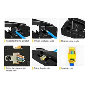 Crimpeadora modular de una mano en uso, mostrando pasos para pelar, cortar y crimpar cables LAN RJ45 con conectores amarillos y azules.