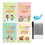 Set de dos cuadernos Montessori para preescolar, con temáticas de números, dibujo, alfabeto y matemáticas, acompañados de una goma azul y ocho lápices negros con puntas blancas.