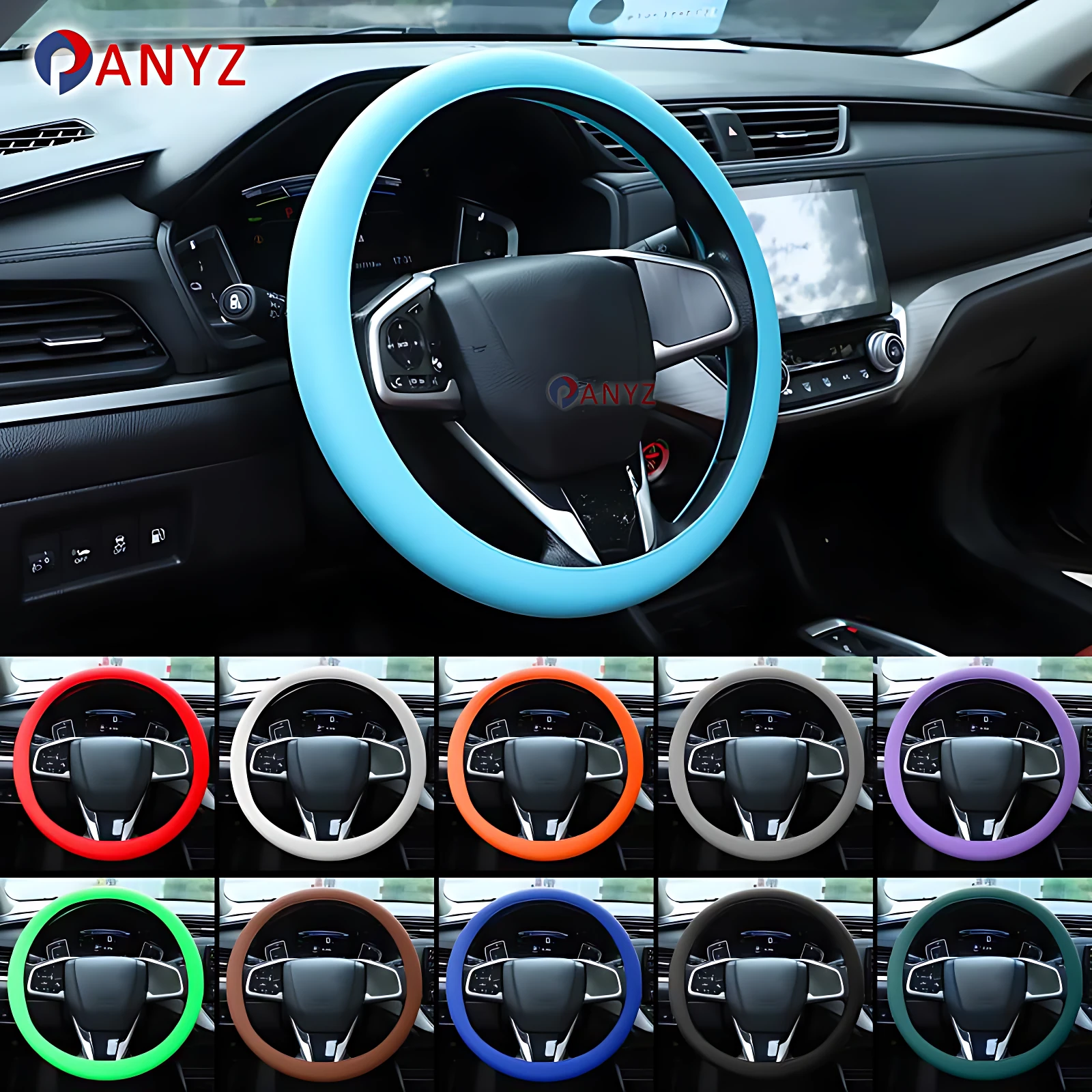 Cubierta de volante de silicona en azul claro, vista frontal en interior de auto. Incluye set de dos unidades en colores variados: rojo, blanco, naranja, gris, morado, verde, marrón, azul oscuro y negro.