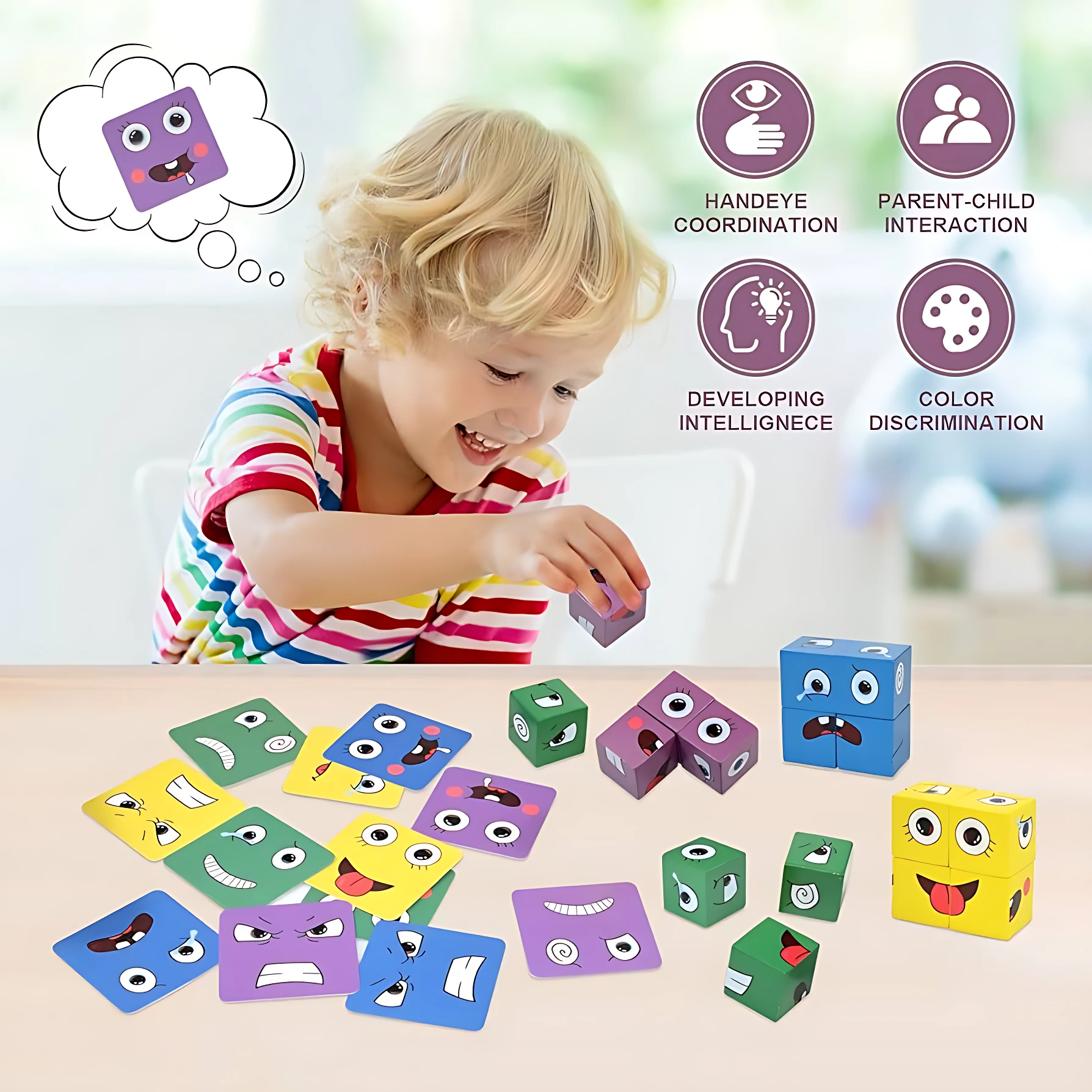 Niño jugando con cubos de madera de colores y caras expresivas, junto a tarjetas con emociones correspondientes.