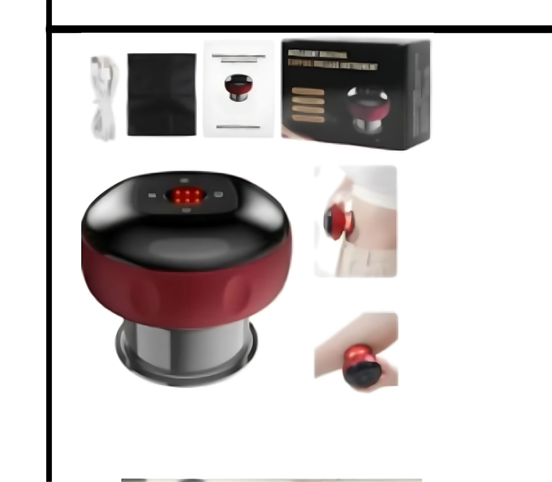 Ventosa eléctrica roja con base metálica, luces LED y botones de control. Incluye cable, funda y caja de presentación. Se muestra en uso en hombro y mano.
