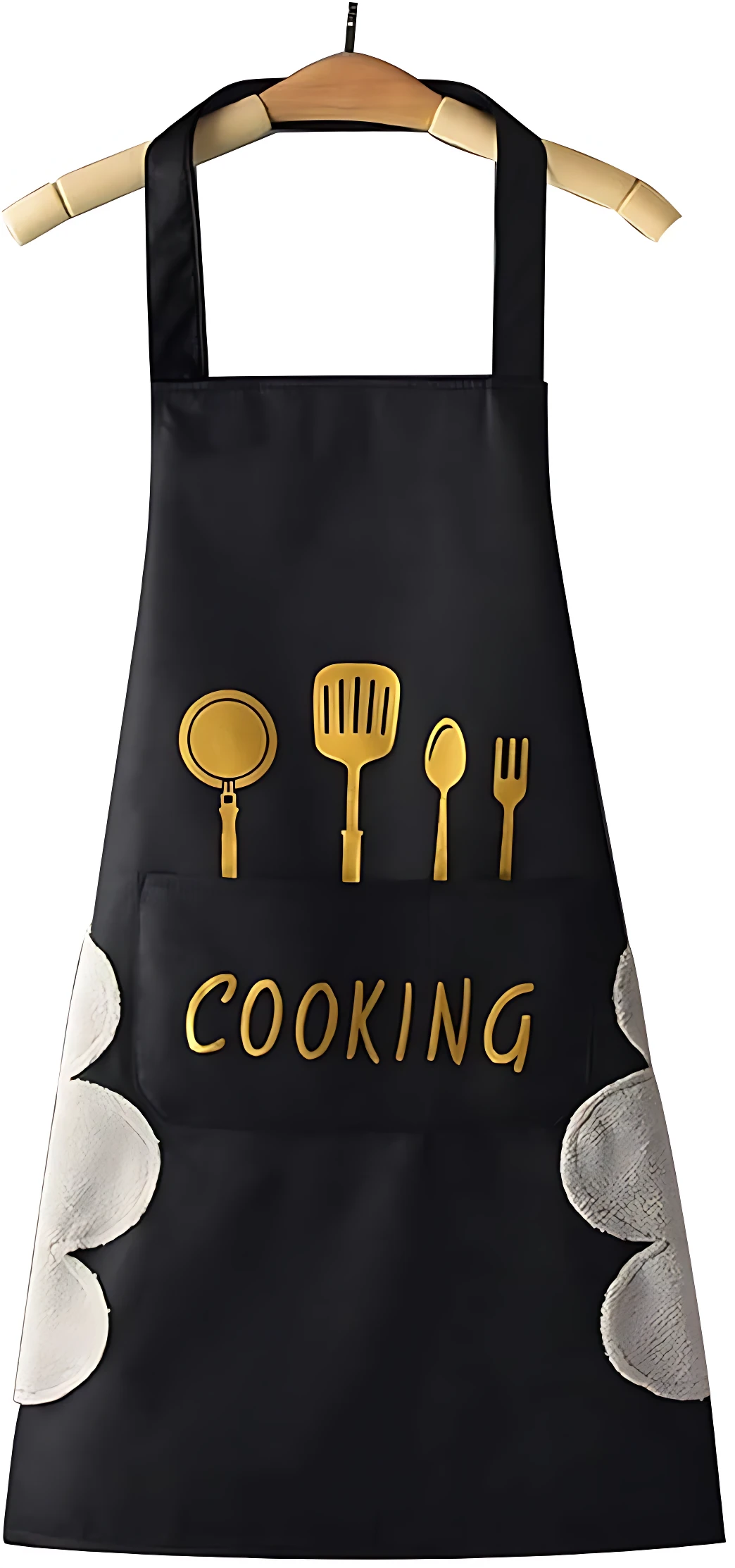 Delantal negro Oxford con bolsillos frontales y toallas laterales blancas. Diseño dorado con utensilios de cocina y palabra COOKING.