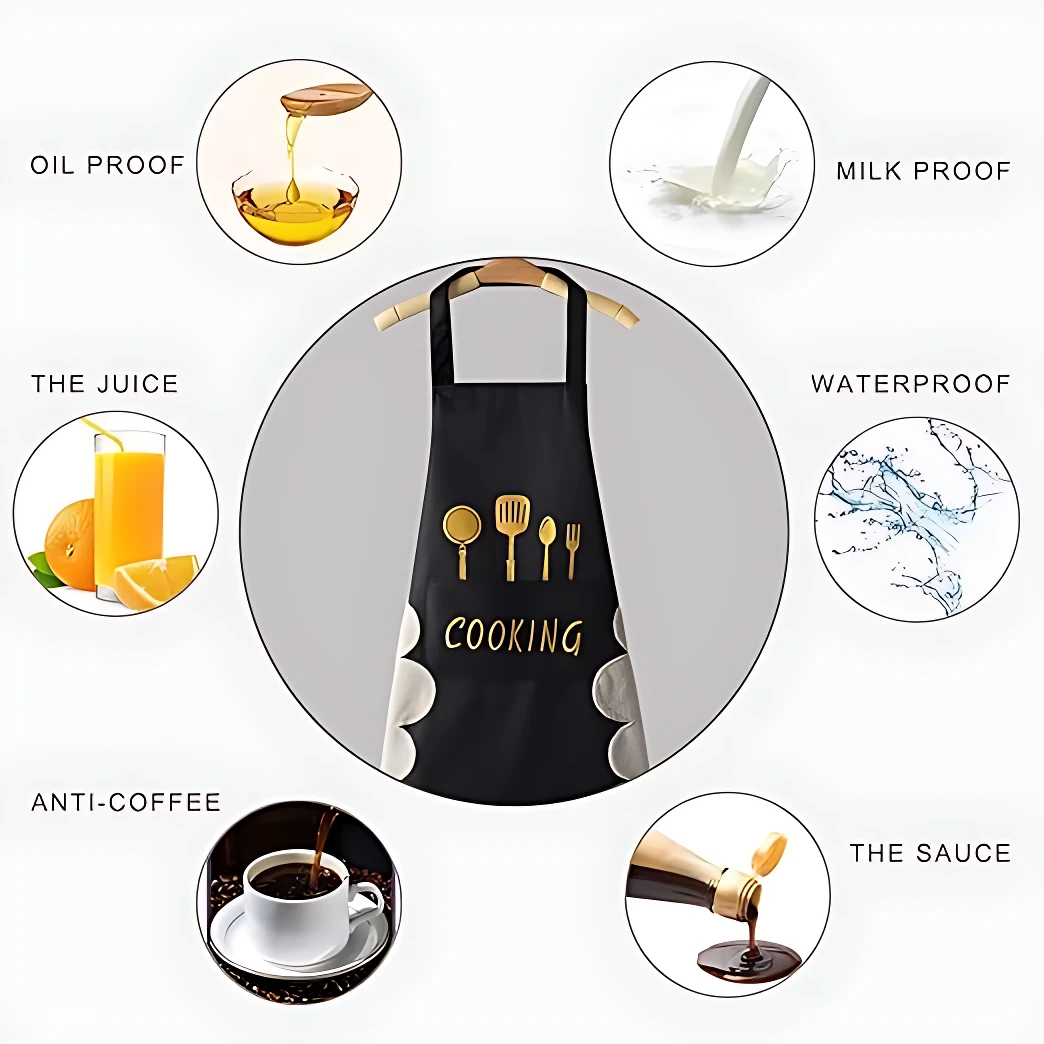 Delantal negro Oxford con bolsillos y toallas integradas, muestra propiedades resistentes a líquidos como aceite, leche, jugo, café y salsa.