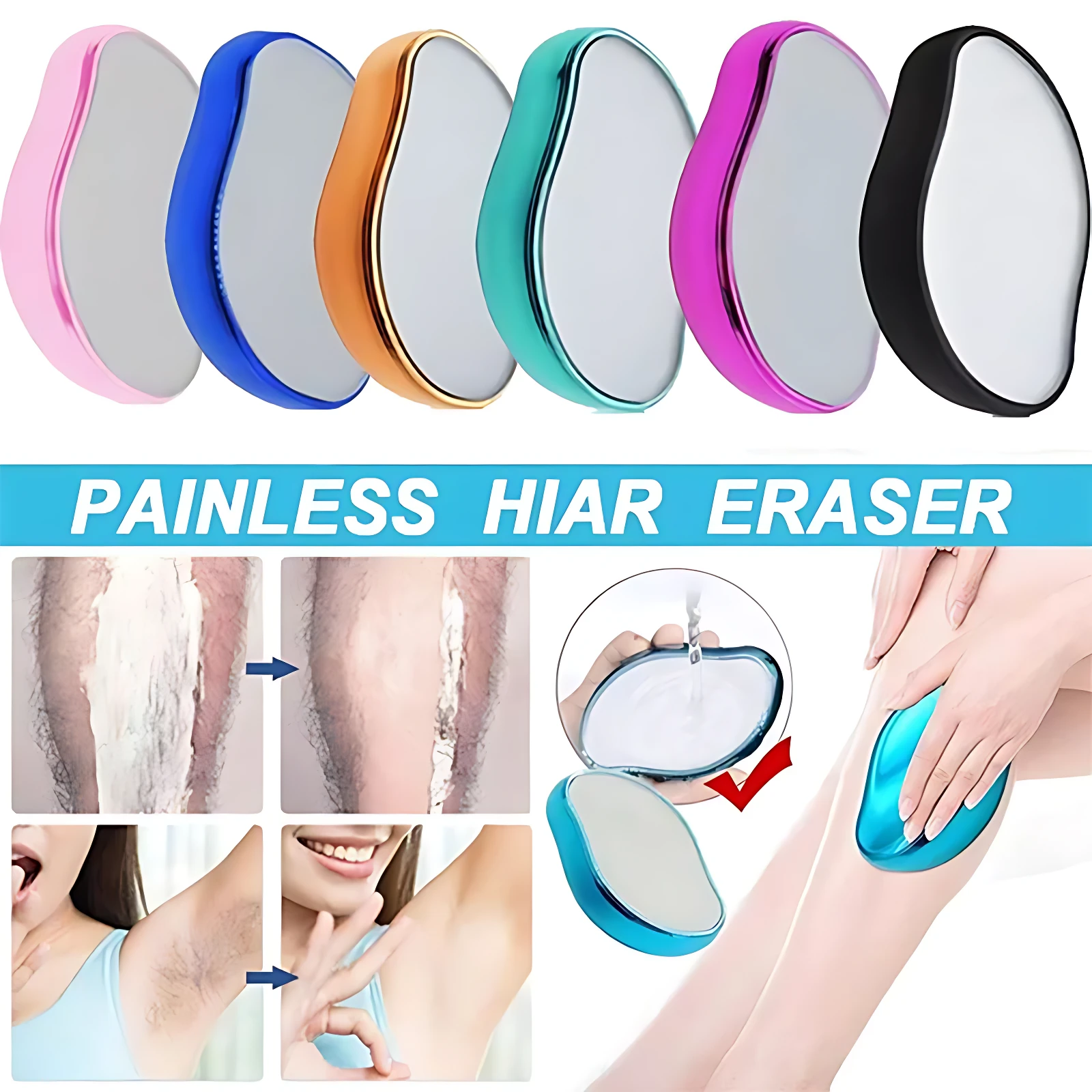 Seis depiladores de cristal Nano en colores rosa, azul, naranja, verde, magenta y negro, con superficie reflectante y forma ergonómica.