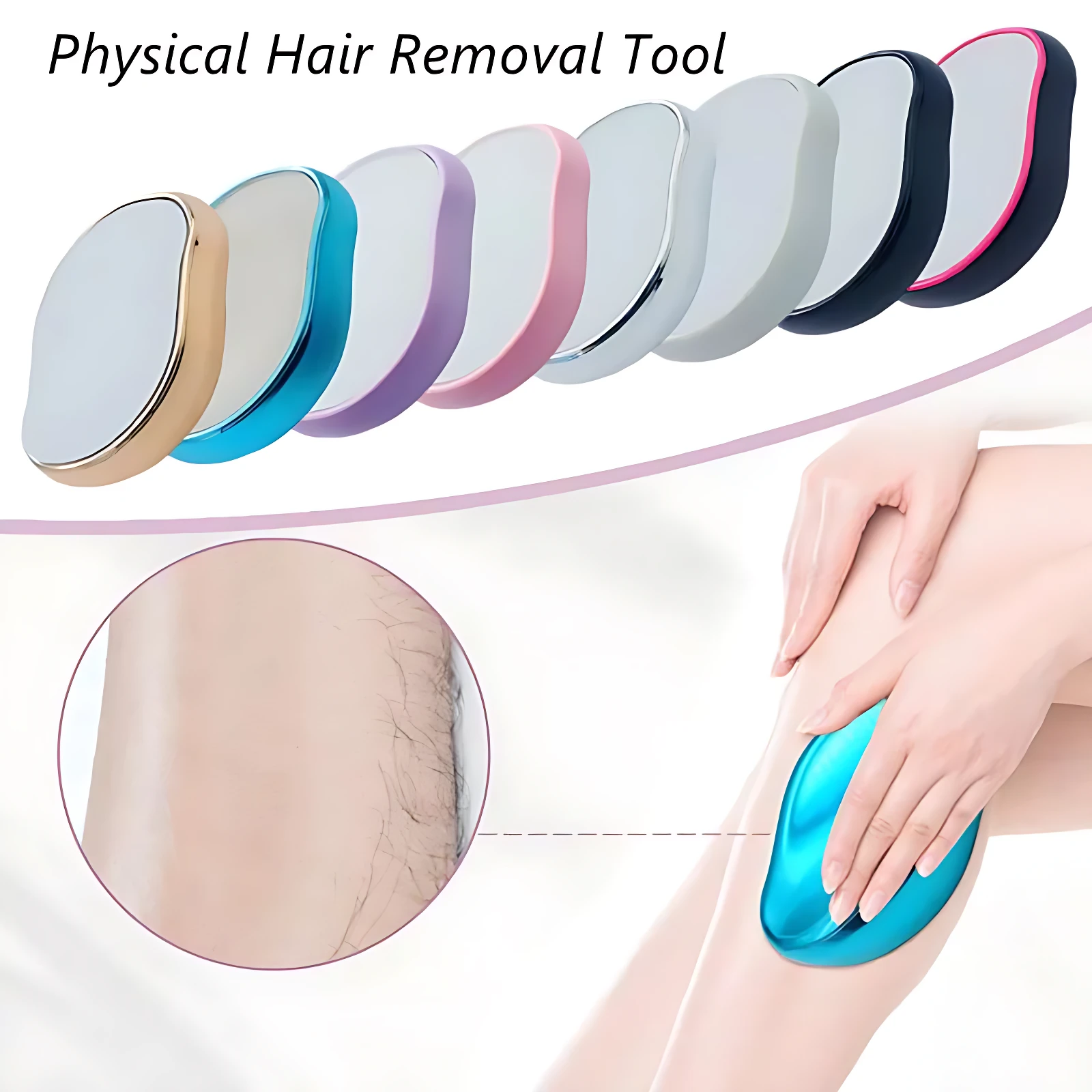 Depilador de cristal nano en color azul, con mango ergonómico y superficie lisa; se muestra en uso sobre pierna, con ampliación de piel antes y después del tratamiento.