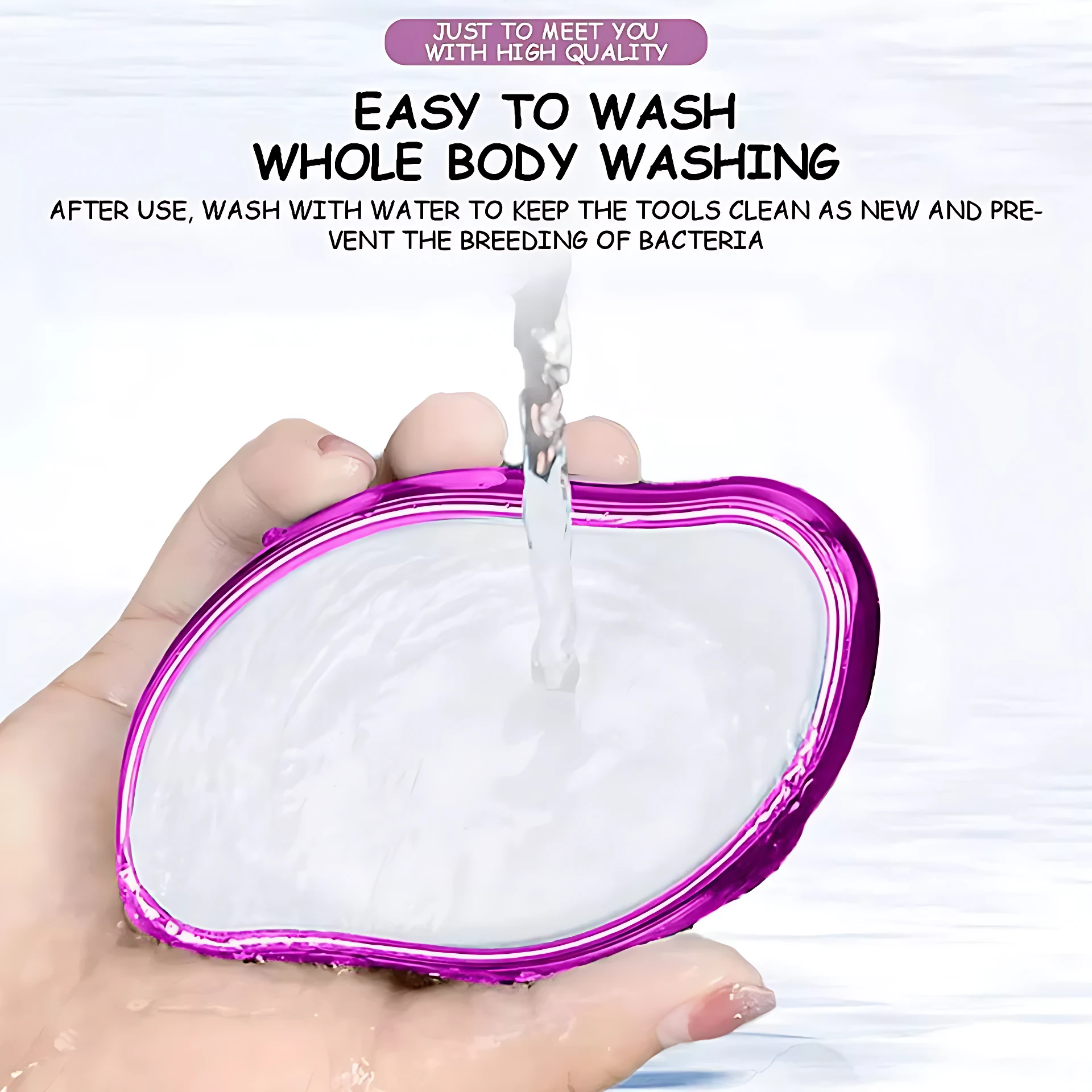 Depilador de cristal nano en color magenta, siendo lavado bajo chorro de agua; muestra su superficie lisa y borde brillante, con texto en inglés sobre limpieza fácil.