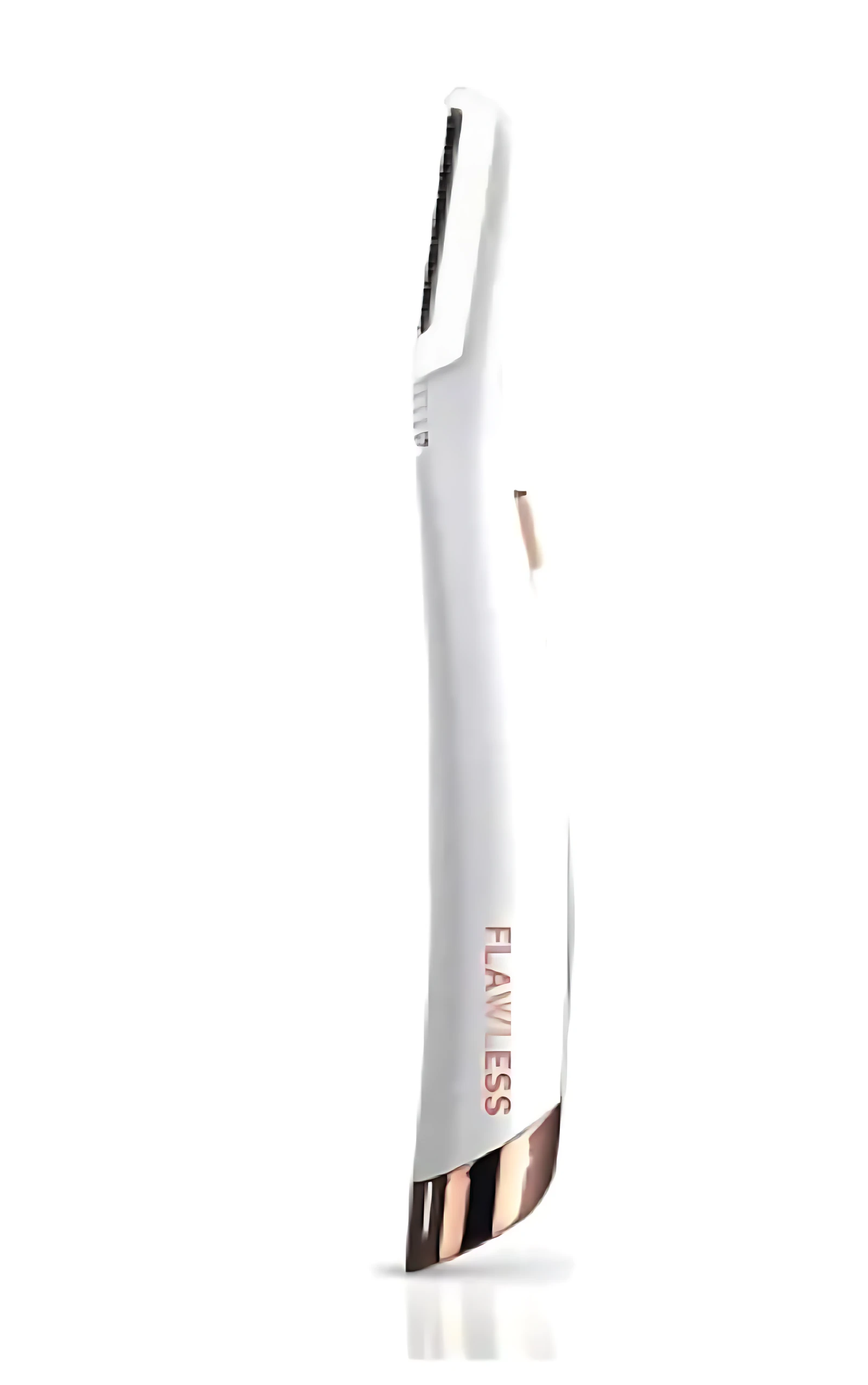Depilador facial Flawless Dermaplane LED en color blanco con detalles dorados, visto de perfil sobre fondo blanco.