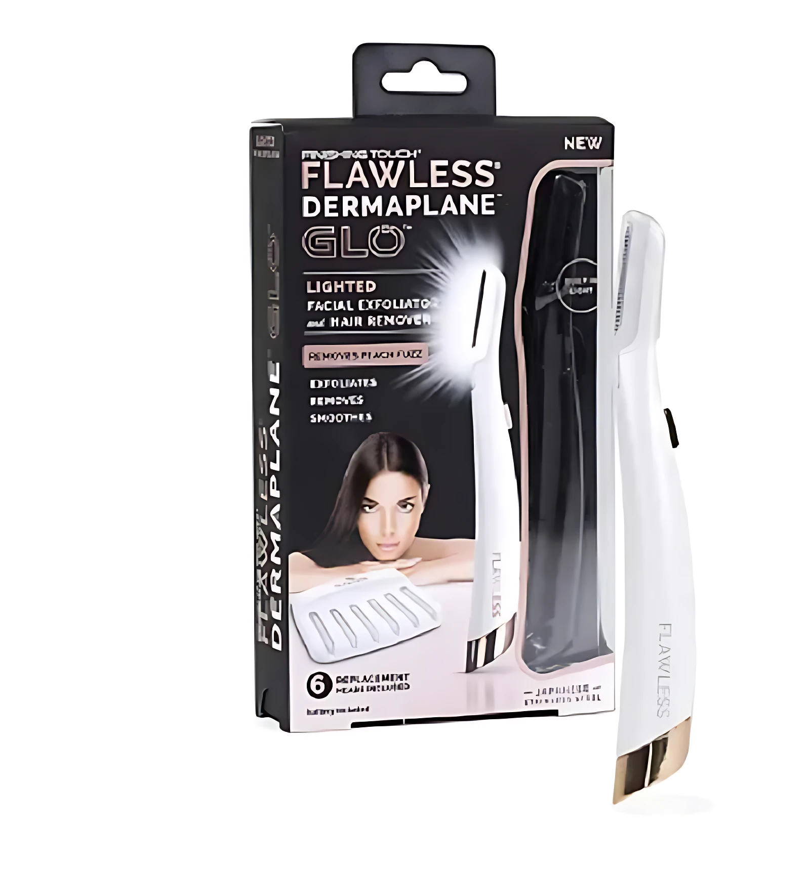 Pack de dos depiladores faciales Flawless Dermaplane LED, uno blanco y otro negro, con mango ergonómico y cabezal intercambiable para exfoliación y suavizado de piel.