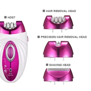 Depiladora recargable 3 en 1 con cabezas intercambiables en color rosa y blanco, mostrando el cuerpo principal y tres accesorios: cabeza de depilación, cabeza de precisión y cabeza de afeitado.