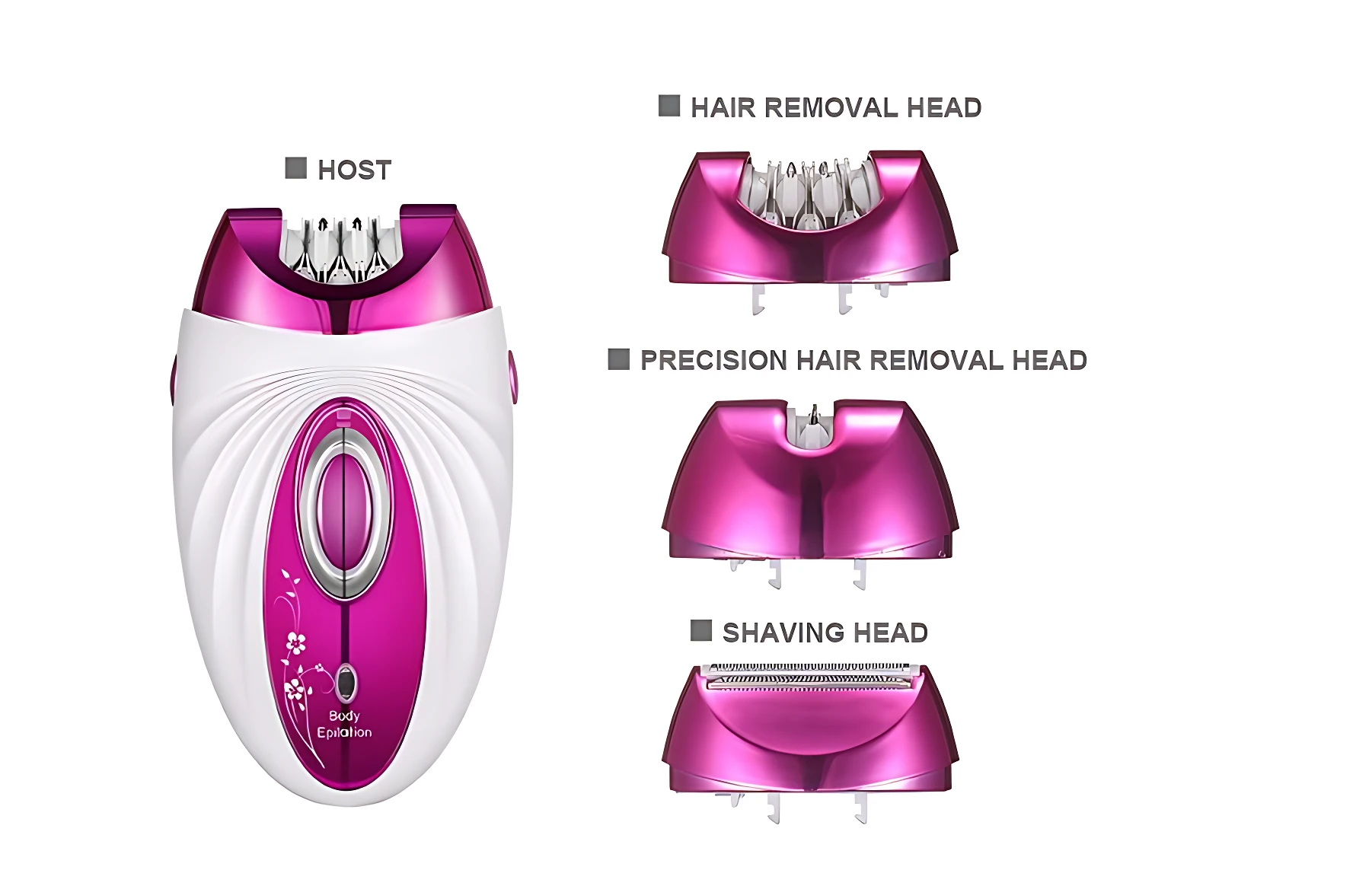 Depiladora recargable 3 en 1 con cabezas intercambiables en color rosa y blanco, mostrando el cuerpo principal y tres accesorios: cabeza de depilación, cabeza de precisión y cabeza de afeitado.