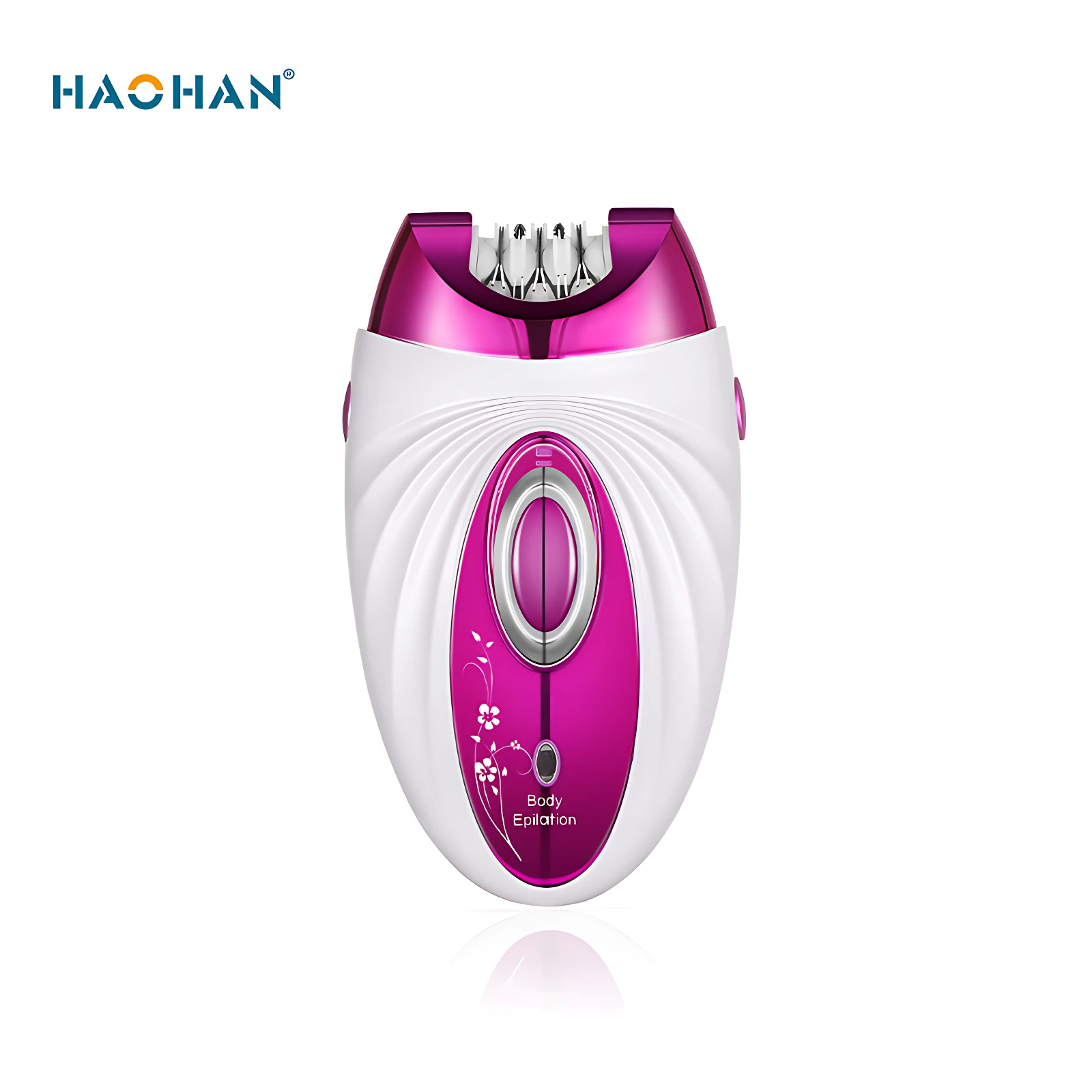 Depiladora recargable HAOHAN en color blanco y magenta, con cabezas intercambiables visibles en la parte superior y diseño ergonómico con detalles florales.