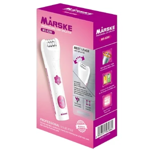 Packaging rosa de la depiladora eléctrica MARSKE modelo MS-6288, con diseño ergonómico y detalles en color magenta. Incluye ilustraciones de uso y especificaciones técnicas visibles en la caja.