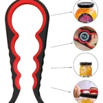 Destapador multifuncional en color negro con detalles rojos, diseñado para abrir frascos de vidrio y otros recipientes con seguridad.