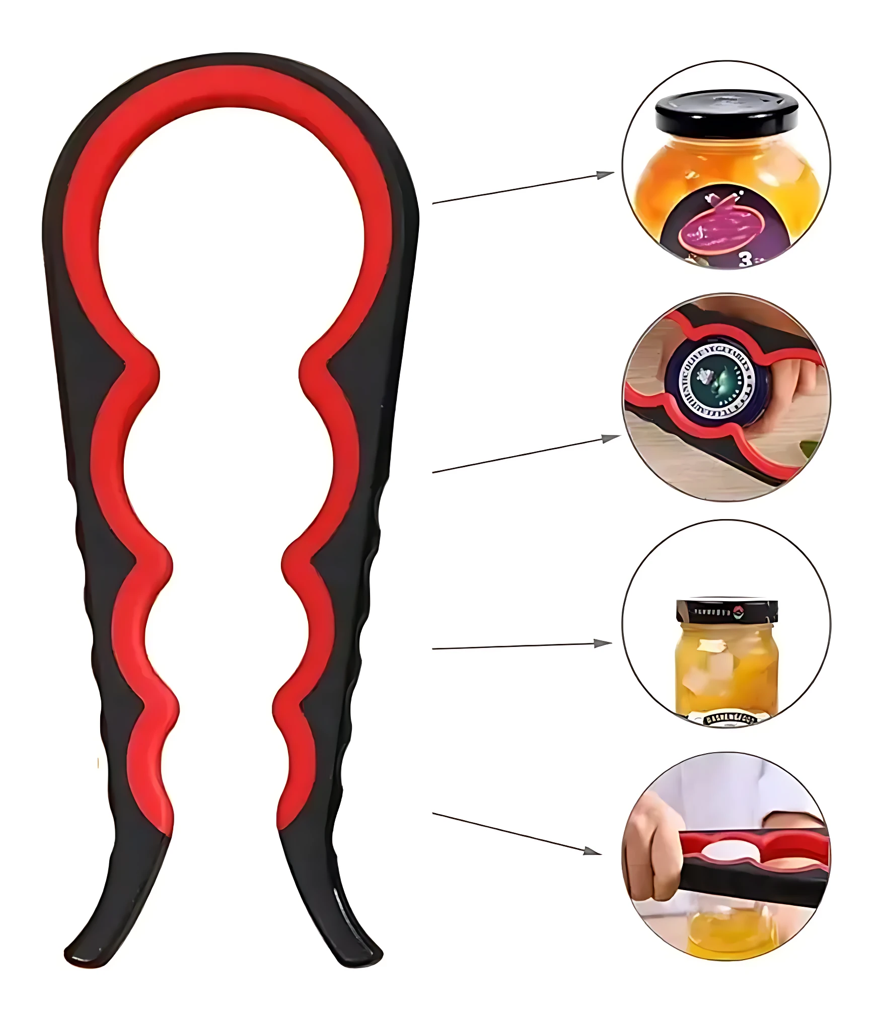 Destapador multifuncional en color negro con detalles rojos, diseñado para abrir frascos de vidrio y otros recipientes con seguridad.