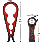 Destapador multifuncional en rojo y negro, con mango ergonómico y medidas de 22 cm de altura y 8,5 cm de ancho. Incluye variante compacta de 13,5 cm.