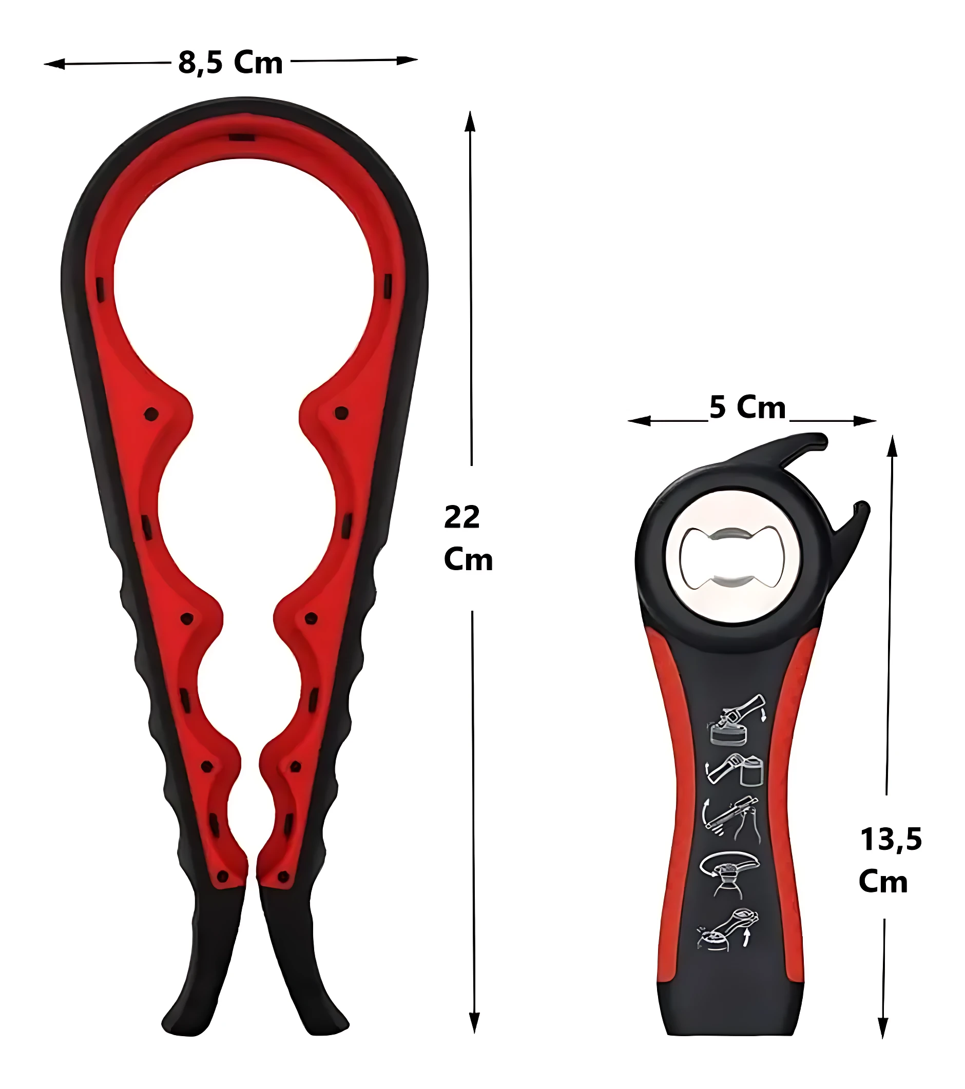 Destapador multifuncional en rojo y negro, con mango ergonómico y medidas de 22 cm de altura y 8,5 cm de ancho. Incluye variante compacta de 13,5 cm.