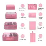 Set de ocho bolsas organizadoras de viaje en rosa, con medidas de 28x20x12 cm a 40x30x12 cm, incluyendo compartimentos para ropa, cosméticos y calzado.