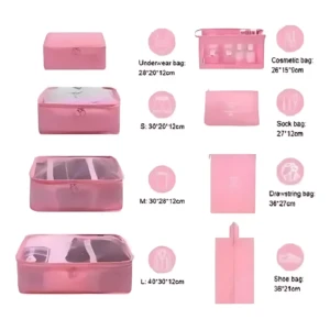 Set de ocho bolsas organizadoras de viaje en rosa, con medidas de 28x20x12 cm a 40x30x12 cm, incluyendo compartimentos para ropa, cosméticos y calzado.