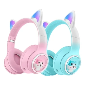 Diadema M33 en colores rosa y azul con orejas de gato, luces RGB y micrófono integrado, ideal para transmisiones y concentración.