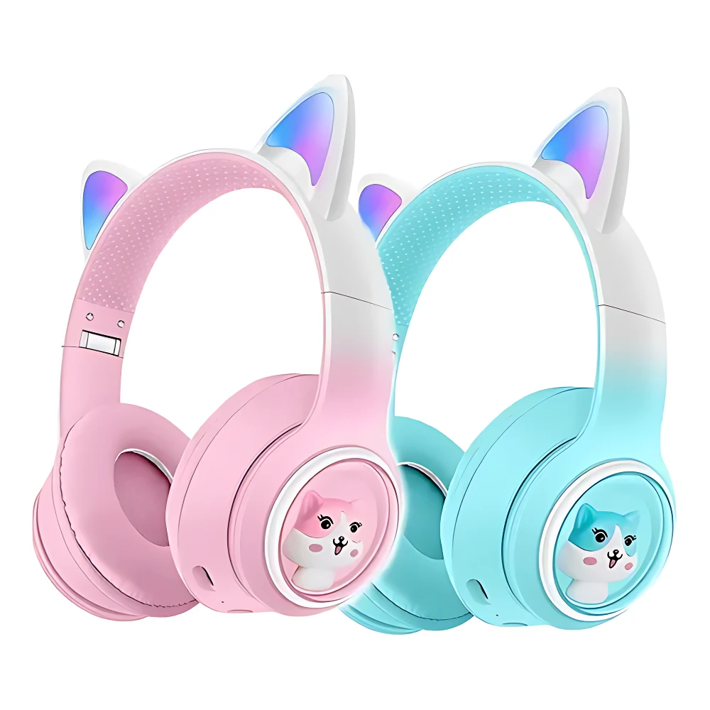 Diadema M33 en colores rosa y azul con orejas de gato, luces RGB y micrófono integrado, ideal para transmisiones y concentración.
